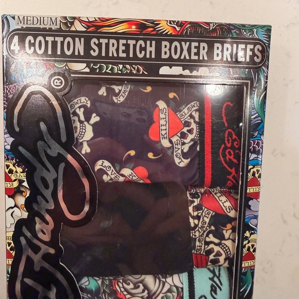 Ed Hardy Cotton Stretch Boxer Briefs 4 Pack (MD 32-34) Soft Skull Dragon Tattoo